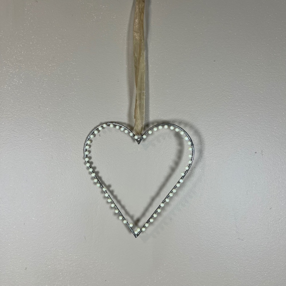 Silver Wire Heart Ornament Faux Pearl Accents Romantic Wedding Decor Wall Hang